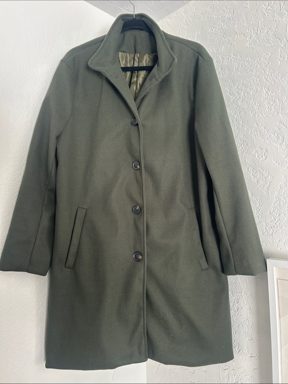 NWOT Women’s Olive Green Single-Breasted Wool Coat, fully lined